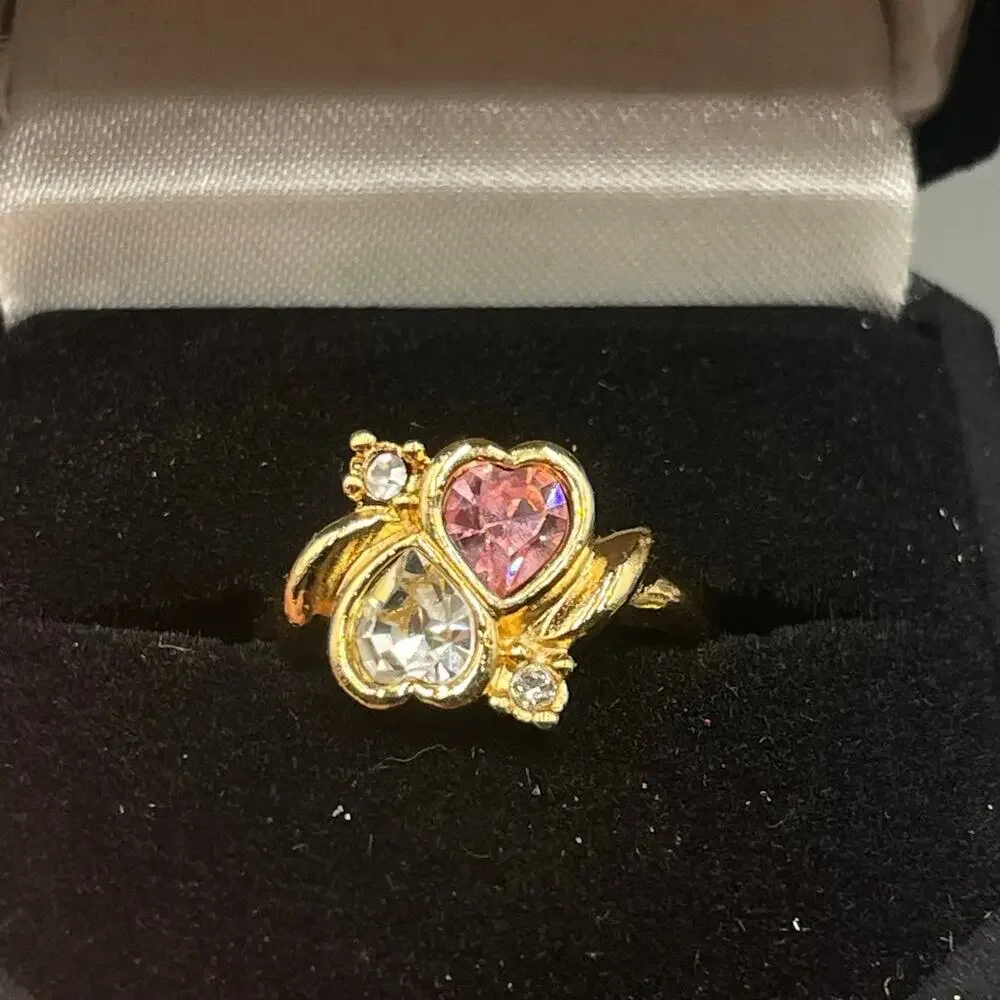 Double Hearts CZ Pink and Clear Rhinestone Ring in Gift Box Size 8 Vtg Avon